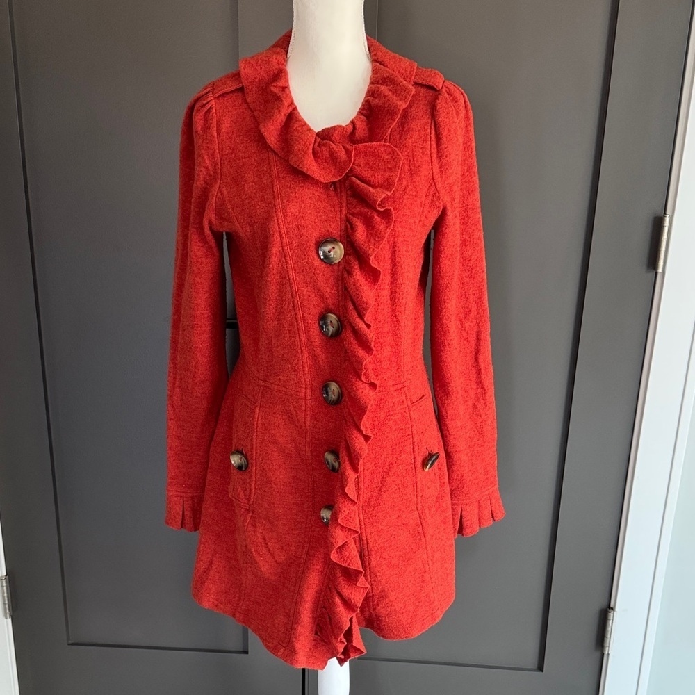 Charlie & Robin by Anthropology Dark Orange Ruffle Trench Coat Size M 100%Wool